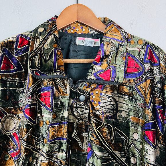 Vintage 80s KoCal Full Zip Velvet Metallic Jacket Abstract Art Print - XL - Picture 3 of 4